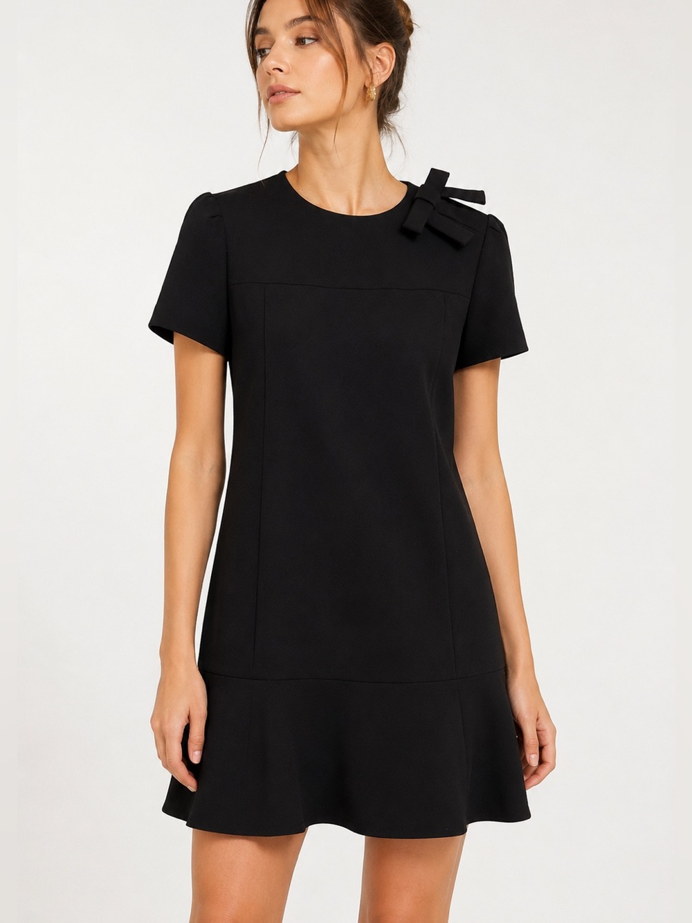 RED Valentino Black Bow Shoulder Crepe Shift Dress Short Sleeve Size 44 US 8